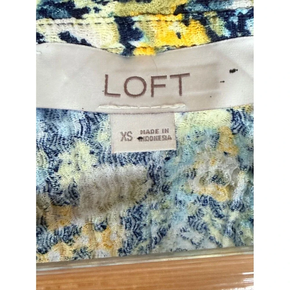 LOFT Floral Ruched Shoulder Top XS Blue Yellow Puff Sleeve Romantic Soft Girl